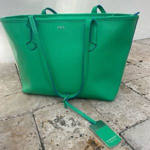 Lauren Ralph Lauren Green Leather Bag Purse with Blue Stitching/Zipper Closure